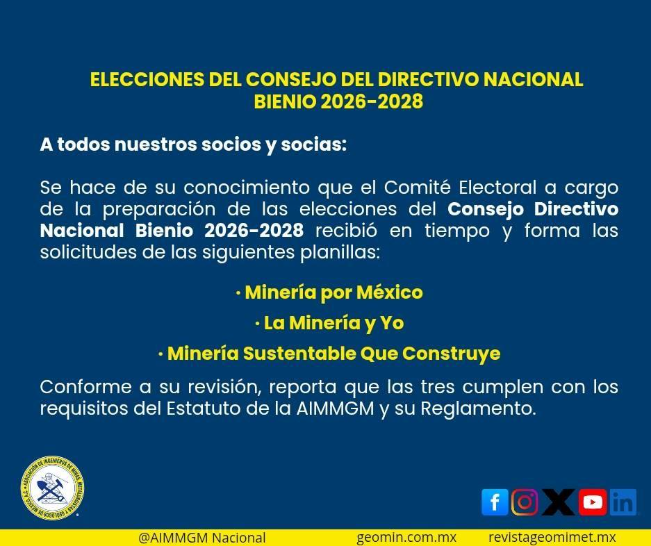 Puede ser una imagen de texto que dice "ELECCIONES DEL CONSEJO DEL DIRECTIVO NACIONAL BIENIO 2026-2028 A todos nuestros socios y socias: Se hace de su conocimiento que el Comité Electoral α cargo de la preparación de las elecciones del Consejo Directivo Nacional Bienio 2026-2028 recibió en tiempo y forma las solicitudes de las siguientes planillas: •Minería por México ·La Mineríay Yo Mineria Sustentable Que Construye Conforme α su revisión, reporta que las tres cumplen con los requisitos del Estatuto de la AIMMGM y su Reglamento. @AIMMGM Nacional f geomin.com.mx revistageomimet.mx"